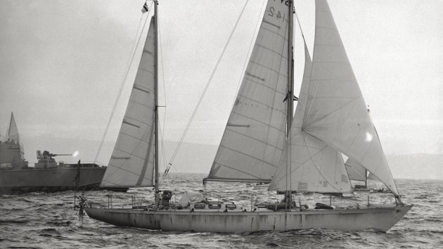 Sir Francis Chichester arrives back in Plymouth, having solo circumnavigated the world with one stop aboard Gipsy Moth IV. Credit: Getty