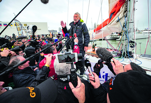 Jean-Luc Van Den Heede on his Rustler 36 Matmut meets the press at the end of his 211-day circumnavigation to win the 2018-19 Golden Globe Race
