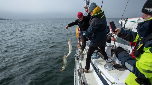 Men fishing for cod from the deck of a yacht in Svalbard