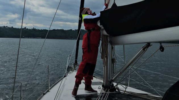 Lowering the mainsail.