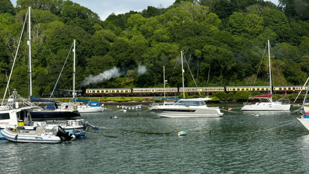 While waiting to practice mooring manouvers near Dartmouth, we saw a steam train chugging along.