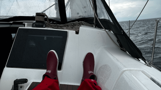 Taking a break in the cockpit.