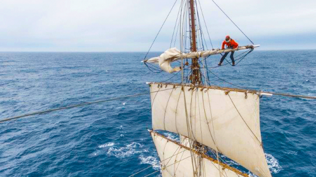 A person aloft a square rig