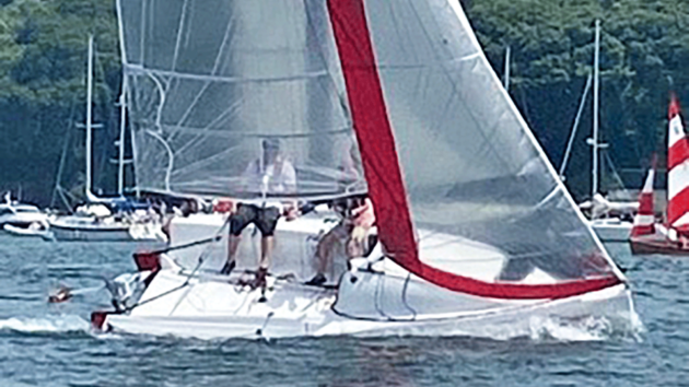 David and Henry set sail out of the Fowey Estuary on Doux Bisou, David’s Beneteau 18 SE