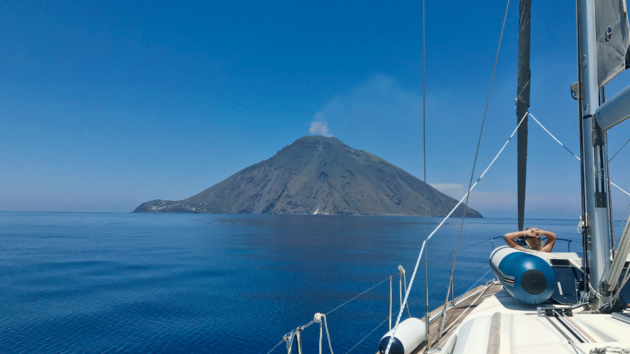 Approaching Stromboli on the Aeolian Islands – owning a share of a boat enables you to go to places you wouldn’t normally go in a charter boat.