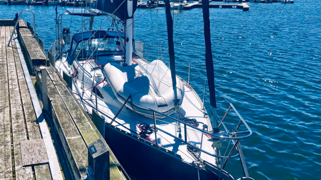 Alongside before departure, with the new 20kg Manson Supreme anchor and the dinghy lashed on deck